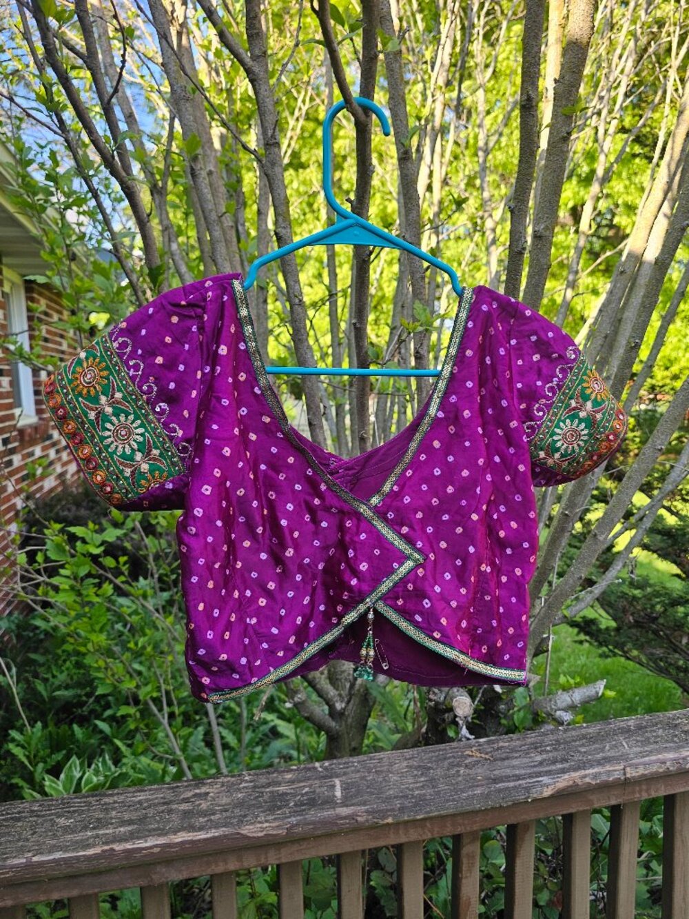 Purple Dot with Green Embroidery Choli Top
